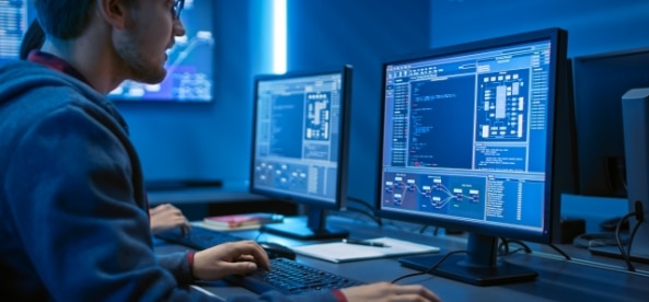 Ein IT-Techniker sitzt vor seinem Computer und prüft die Angaben in seiner Firewall Software und führt eine Fernwartung bei seinem Kunden durch.
